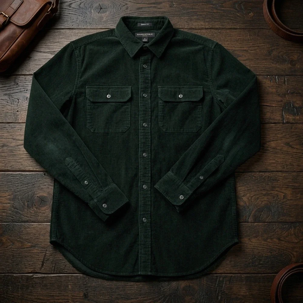 Banana Republic Shirt Mens Medium Slim Fit Corduroy Button Up Solid Dark Green